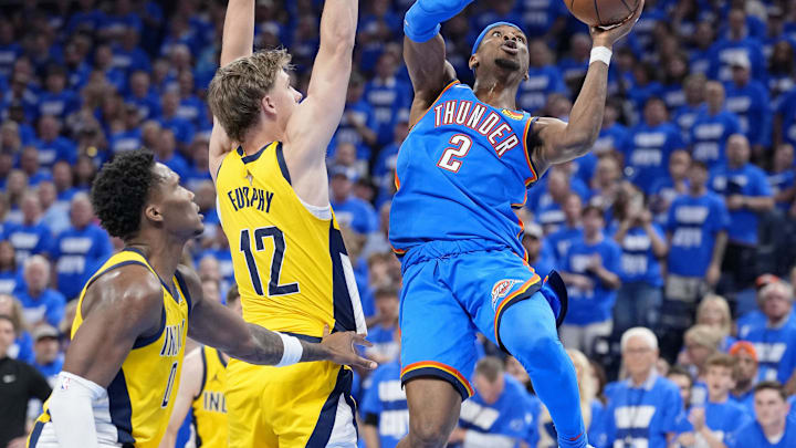 Jun 8, 2025; Oklahoma City, Oklahoma, USA; Oklahoma City Thunder guard Shai Gilgeous-Alexander (2) shoots the ball against Indiana Pacers guard Johnny Furphy (12) during the second half during game two of the 2025 NBA Finals at Paycom Center. Mandatory Credit: Kyle Terada-Imagn Images Jun 8, 2025; Oklahoma City, Oklahoma, USA; Oklahoma City Thunder guard Shai Gilgeous-Alexander (2) shoots the ball against Indiana Pacers guard Johnny Furphy (12) during the second half during game two of the 2025 NBA Finals at Paycom Center. Mandatory Credit: Kyle Terada-Imagn Images