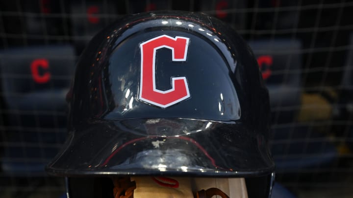 Oct 15, 2022; Cleveland, Ohio, USA; A Cleveland Guardians helmet and glove before game three of the NLDS for the 2022 MLB Playoffs at Progressive Field. Mandatory Credit: Ken Blaze-USA TODAY Sports