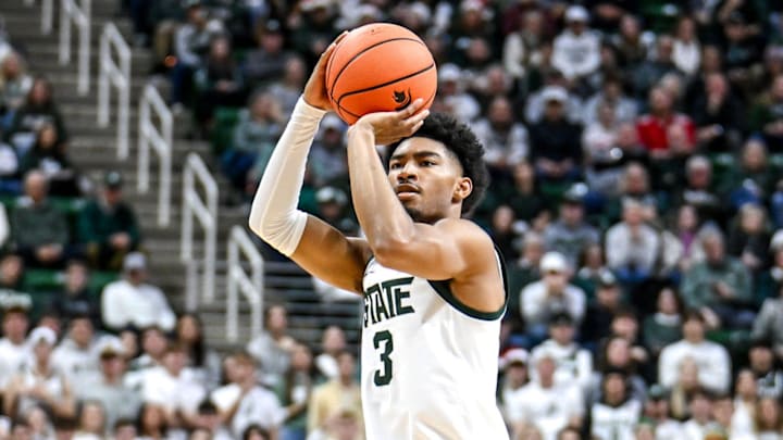 Michigan State's Jaden Akins makes a 3-pointer against Nebraska during the first half on Saturday, Dec. 7, 2024, at the Breslin Center in East Lansing. Michigan State's Jaden Akins makes a 3-pointer against Nebraska during the first half on Saturday, Dec. 7, 2024, at the Breslin Center in East Lansing.