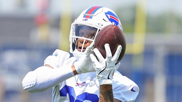 Jun 11, 2025; Orchard Park, NY, USA; Buffalo Bills safety Darrick Forrest (28) makes a catch during Minicamp at Highmark Stadium.