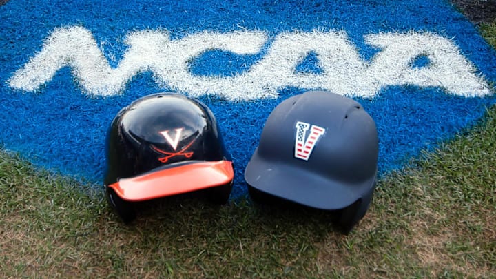 Jun 23, 2014; Omaha, NE, USA; View of the helmets and the NCAA logo before Vanderbilt Commodores and Virginia Cavaliers face off in game one of the College World Series Finals at TD Ameritrade Park Omaha.