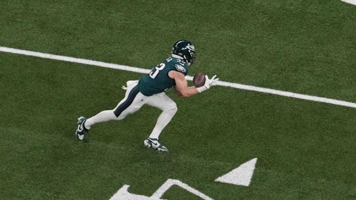 Feb 9, 2025; New Orleans, LA, USA; Philadelphia Eagles cornerback Cooper DeJean (33) intercepts a pass against the Kansas City Chiefs in the second quarter during Super Bowl LIX at Caesars Superdome. Mandatory Credit: James Lang-Imagn Images