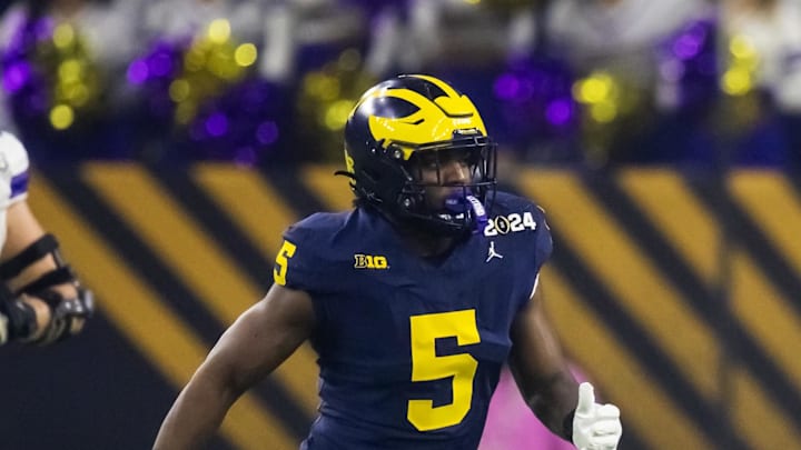 Jan 8, 2024; Houston, TX, USA; Michigan Wolverines linebacker Josaiah Stewart (5) against the Washington Huskies during the 2024 College Football Playoff national championship game at NRG Stadium. Mandatory Credit: Mark J. Rebilas-Imagn Images