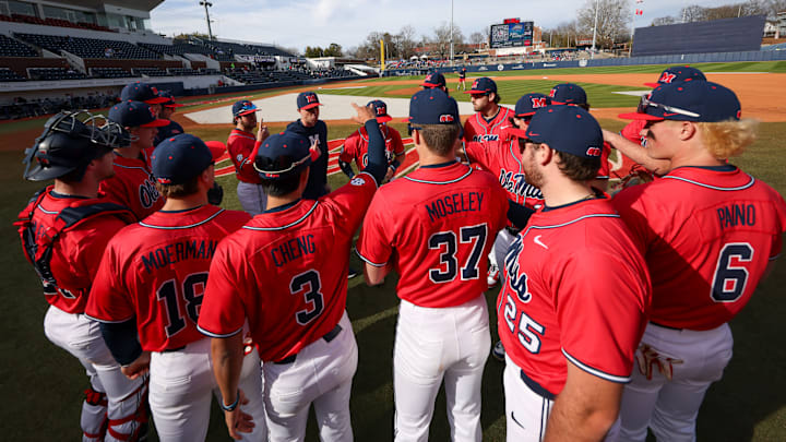 The Ole Miss baseball team prior to taking the field against Wright State on March 1, 2025.