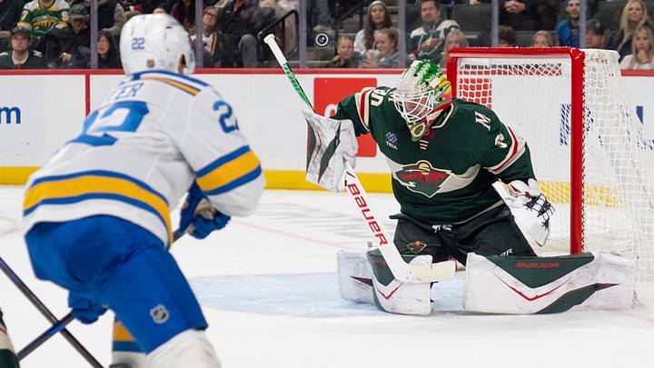 Oct 15, 2026; Saint Paul, Minnesota, USA;  Minnesota Wild goaltender Jesper Wallstedt (30) blocks a St. Louis Blues shot in the third period at Grand Casino Arena.  Mandatory Credit: Matt Blewett-Imagn Images