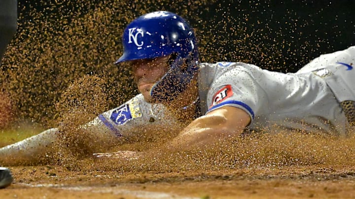 Sep 23, 2025; Anaheim, California, USA;  Kansas City Royals right fielder Randal Grichuk (15) scores on a double by second baseman Adam Frazier (26) during the seventh inning against the Los Angeles Angels at Angel Stadium. Mandatory Credit: Jayne Kamin-Oncea-Imagn Images