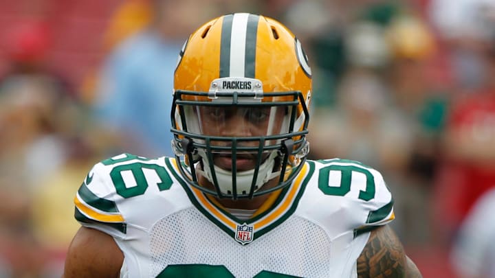 Dec 21, 2014; Tampa, FL, USA; Green Bay Packers tight end Brandon Bostick (86) against the Tampa Bay Buccaneers works out prior to the game against the Tampa Bay Buccaneers at Raymond James Stadium. Mandatory Credit: Kim Klement-Imagn Images