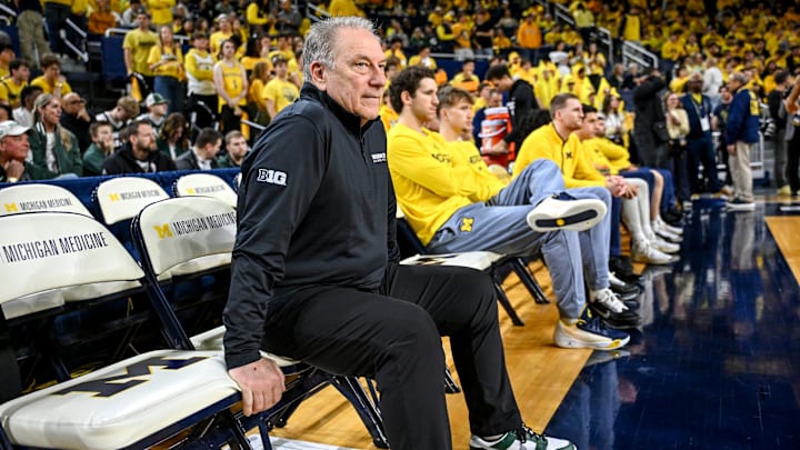 Michigan State's head coach Tom Izzo watches Michigan warm up before the game on Sunday, March 8, 2026, at the Crisler Center in Ann Arbor.