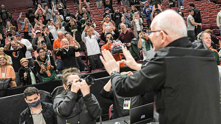 University of Miami Head Coach Jim Larranga celebrates with fans after a 79-61 win over Auburn in the NCAA Div. 1 Men's Basketball Tournament preliminary second round round game at Bon Secours Wellness Arena in Greenville, S.C. Sunday, March 20, 2022.

Ncaa Mens Basketball Second Round Miami Vs Auburn