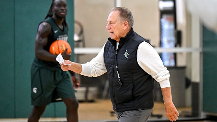 Michigan State's coach Tom Izzo instructs the team during the first day of basketball practice on Monday, Sept. 22, 2025, at the Breslin Center in East Lansing.