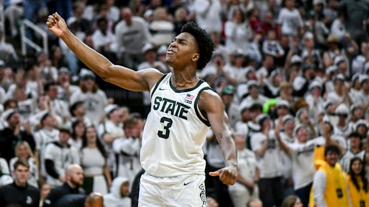 Michigan State's Cam Ward celebrates after an Arkansas foul during the second half on Saturday, Nov. 8, 2025, at the Breslin Center in East Lansing.