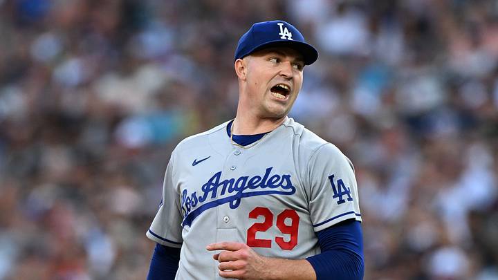 Aug 28, 2026; Detroit, Michigan, USA;  Los Angeles Dodgers starting pitcher Tarik Skubal (29) reacts after striking out Detroit Tigers second baseman Gleyber Torres (not pictured) to end the third inning at Comerica Park.  Mandatory Credit: Lon Horwedel-Imagn Images
