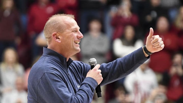 Jan 16, 2024; Tuscaloosa, Alabama, USA; New Alabama head football coach Kalen DeBoer is introduced to fans during the first half of the Alabama game with Missouri at Coleman Coliseum. Mandatory Credit: Gary Cosby Jr.-USA TODAY Sports