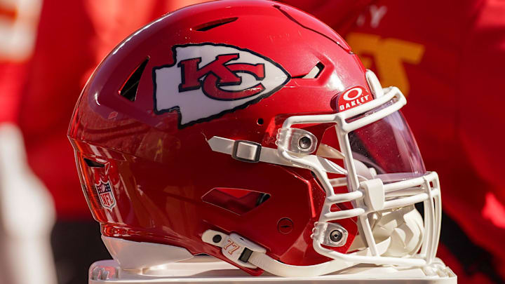 Nov 23, 2025; Kansas City, Missouri, USA; A general view of a Kansas City Chiefs helmet during the game against the Indianapolis Colts at GEHA Field at Arrowhead Stadium. Mandatory Credit: Denny Medley-Imagn Images
