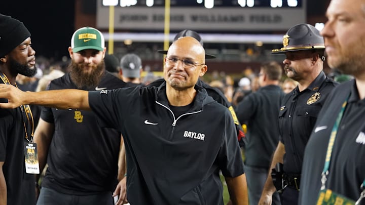 Nov 2, 2024; Waco, Texas, USA; Baylor Bears head coach Dave Aranda reacts after defeating the TCU Horned Frogs 37-34 at McLane Stadium. Mandatory Credit: Chris Jones-Imagn Images Nov 2, 2024; Waco, Texas, USA; Baylor Bears head coach Dave Aranda reacts after defeating the TCU Horned Frogs 37-34 at McLane Stadium. Mandatory Credit: Chris Jones-Imagn Images