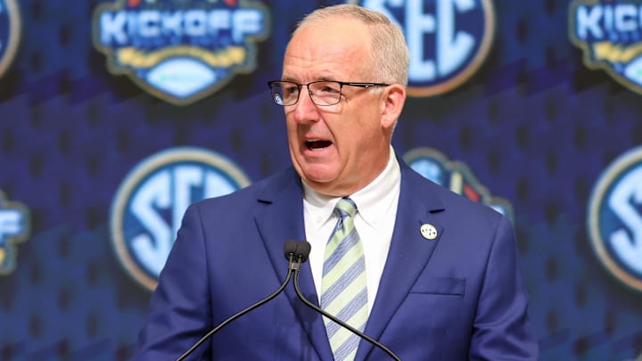Jul 16, 2025; Atlanta, GA, USA; SEC commissioner Greg Sankey speaks to the media during the SEC Media Day at Omni Atlanta Hotel. Mandatory Credit: Jordan Godfree-Imagn Images