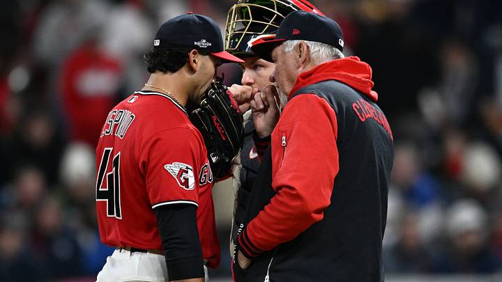 Oct 17, 2026; Cleveland, Ohio, USA; Cleveland Guardians pitching coach Carl Willis (51) visits pitcher Daniel Espino (41) on the mound during the sixth inning against the Tampa Bay Rays in game four of the ALCS for the 2026 MLB Playoffs at Progressive Field. Mandatory Credit: Ken Blaze-Imagn Images Oct 17, 2026; Cleveland, Ohio, USA; Cleveland Guardians pitching coach Carl Willis (51) visits pitcher Daniel Espino (41) on the mound during the sixth inning against the Tampa Bay Rays in game four of the ALCS for the 2026 MLB Playoffs at Progressive Field. Mandatory Credit: Ken Blaze-Imagn Images