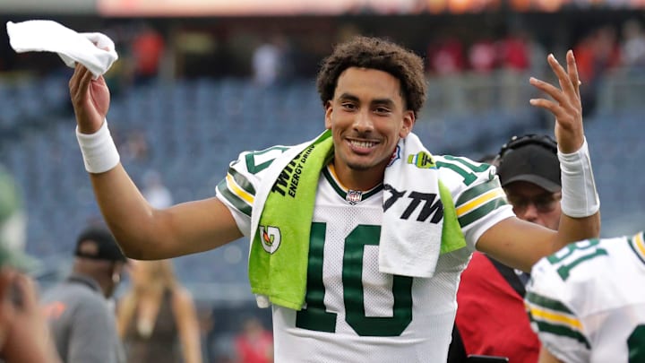 Green Bay Packers quarterback Jordan Love (10) celebrates a victory against the Chicago Bears as he leaves the field during their football game Sunday, September 10, 2023, at Soldier Field in Chicago, Ill. Green Bay won 38-20.