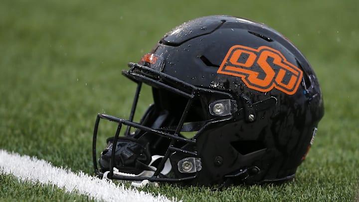Nov 26, 2022; Stillwater, Oklahoma, USA;   An Oklahoma State helmet is seen before a college football game between Oklahoma State and West Virginia at Boone Pickens Stadium in Stillwater, Okla., Saturday, Nov. 26, 2022. Mandatory Credit: Bryan Terry-Imagn Images
