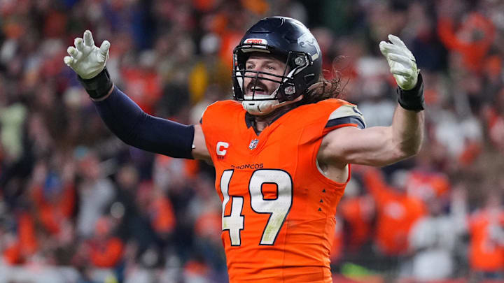 Dec 14, 2025; Denver, Colorado, USA; Denver Broncos linebacker Alex Singleton (49) celebrates defeating the Green Bay Packers during the fourth quarter at Empower Field at Mile High. Mandatory Credit: Ron Chenoy-Imagn Images