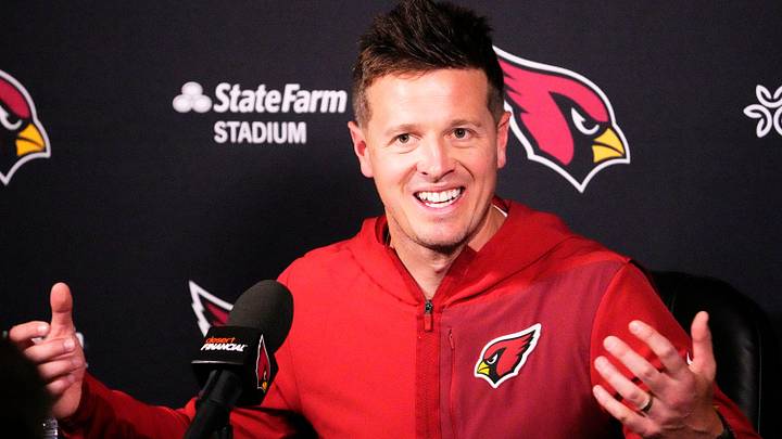 Arizona Cardinals head coach Mike LaFleur talks to the media during rookie mini-camp on May 8, 2026, at the Dignity Health Arizona Cardinals Training Center in Tempe.