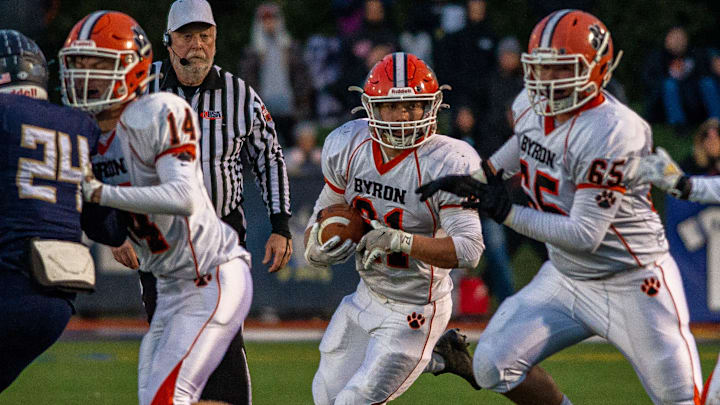 Byron's Jared Claunch (No. 65) blocks in the Class 3A state semifinal game in Nov. 2021. Byron's Jared Claunch (No. 65) blocks in the Class 3A state semifinal game in Nov. 2021.