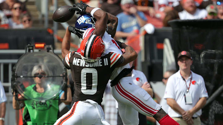 Browns cornerback Greg Newsome II breaks up a second-half pass intended for Giants wide receiver Malik Nabers, Sunday, Sept. 22, 2024, in Cleveland.
