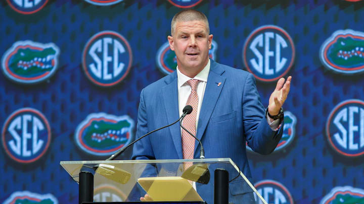 Jul 16, 2025; Atlanta, GA, USA; Florida State Gators head coach Billy Napier talks to the media during the SEC Media Days at Omni Atlanta Hotel. Mandatory Credit: Jordan Godfree-Imagn Images