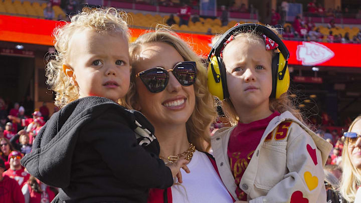 Nov 10, 2024; Kansas City, Missouri, USA; Brittany Mahomes and children watch warmups prior to game between the Chiefs and the Broncos at GEHA Field at Arrowhead Stadium. Nov 10, 2024; Kansas City, Missouri, USA; Brittany Mahomes and children watch warmups prior to game between the Chiefs and the Broncos at GEHA Field at Arrowhead Stadium.