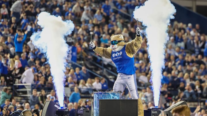 Oct 21, 2023; Provo, Utah, USA; Cosmo the Brigham Young Cougars mascot performs in the second half against the Texas Tech Red Raiders at LaVell Edwards Stadium. Mandatory Credit: Rob Gray-USA TODAY Sports