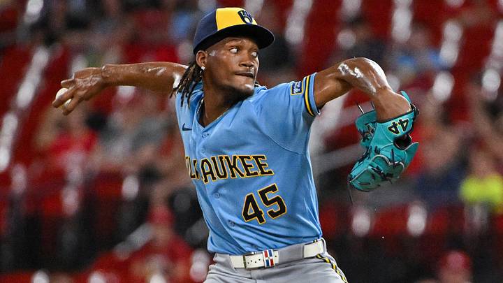 Jul 9, 2026; St. Louis, Missouri, USA; Milwaukee Brewers pitcher Abner Uribe (45) throws against the St. Louis Cardinals during the ninth inning at Busch Stadium. Mandatory Credit: Jeff Curry-Imagn Images