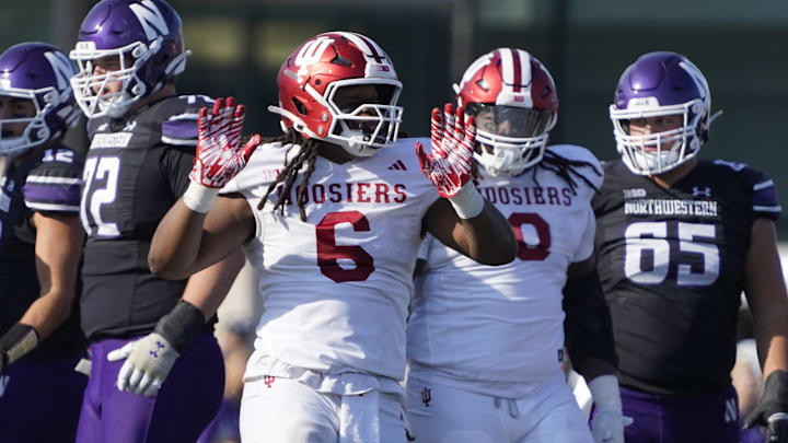 Indiana Hoosiers defensive lineman Mikail Kamara (6) gestures after sacking the Northwestern Wildcats quarterback during the first half at Lanny and Sharon Martin Stadium.