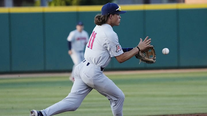 Mar 29, 2022; Phoenix, Arizona, USA; Arizona infielder Nik McClaughry (11) fields a ground ball against Grand Canyon during the first inning at Grand Canyon baseball park. Mandatory Credit: Michael Chow-Arizona Republic
Ncaa Baseball Gcu Baseball Game Arizona At Grand Canyon Mar 29, 2022; Phoenix, Arizona, USA; Arizona infielder Nik McClaughry (11) fields a ground ball against Grand Canyon during the first inning at Grand Canyon baseball park. Mandatory Credit: Michael Chow-Arizona Republic
Ncaa Baseball Gcu Baseball Game Arizona At Grand Canyon