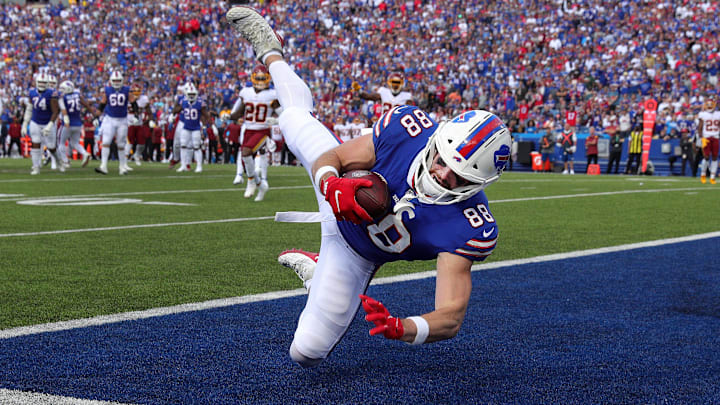 Bills tight end Dawson Knox makes a twisting catch for a 14 yard touchdown against Washington.