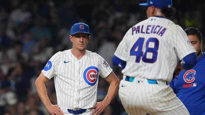 Sep 2, 2026; Chicago, Illinois, USA;  Chicago Cubs manager Craig Counsell (11) watches pitcher Daniel Palencia (48) to make sure he's alright against the Milwaukee Brewers during the seventh inning at Wrigley Field.  Mandatory Credit: David Banks-Imagn Images