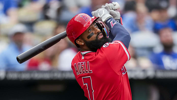 Apr 25, 2026; Kansas City, Missouri, USA; Los Angeles Angels right fielder Jo Adell (7) bats during the first inning against the Kansas City Royals at Kauffman Stadium. Mandatory Credit: Jay Biggerstaff-Imagn Images