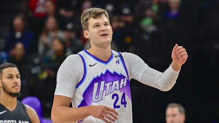 Oct 16, 2025; Salt Lake City, Utah, USA; Utah Jazz center Walker Kessler (24) smiles after making a great play during the first half against the Portland Trail Blazers at Delta Center. Mandatory Credit: Peter Creveling-Imagn Images Oct 16, 2025; Salt Lake City, Utah, USA; Utah Jazz center Walker Kessler (24) smiles after making a great play during the first half against the Portland Trail Blazers at Delta Center. Mandatory Credit: Peter Creveling-Imagn Images