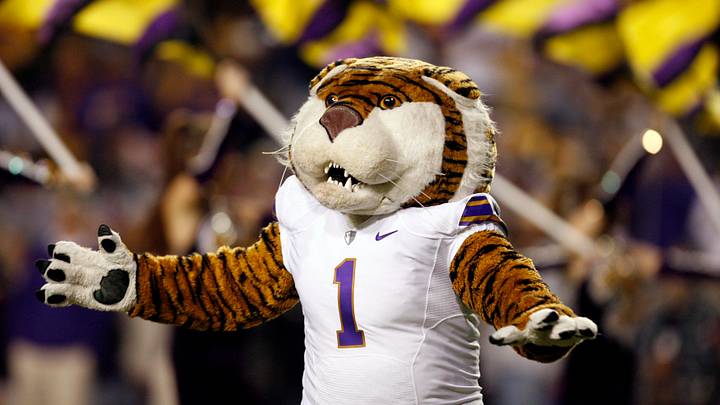 Baton Rouge, LA, USA; LSU Tigers mascot runs across the field before the game against the Arkansas Razorbacks at Tiger Stadium. LSU defeated Arkansas 33-30 in overtime. Mandatory Credit: Matt Stamey-USA TODAY Sports Baton Rouge, LA, USA; LSU Tigers mascot runs across the field before the game against the Arkansas Razorbacks at Tiger Stadium. LSU defeated Arkansas 33-30 in overtime. Mandatory Credit: Matt Stamey-USA TODAY Sports