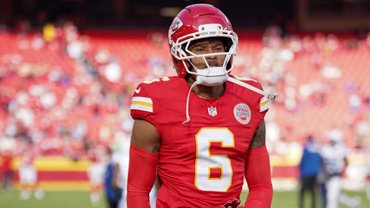 Nov 23, 2025; Kansas City, Missouri, USA; Kansas City Chiefs safety Bryan Cook (6) takes the field against the Indianapolis Colts for warm ups prior to a game at GEHA Field at Arrowhead Stadium. Mandatory Credit: Denny Medley-Imagn Images