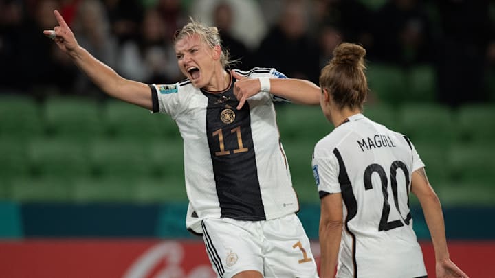 Germany's Alexandra Popp scores a brace in her first 2023 FIFA World Cup.  