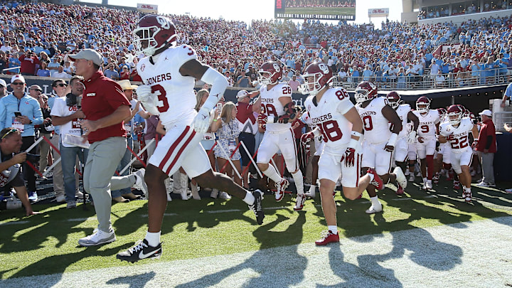 Oct 26, 2024; Oxford, Mississippi, USA; Oklahoma Sooners head coach Brent Venables leads his team onto the field prior to the game against the Mississippi Rebels at Vaught-Hemingway Stadium. Mandatory Credit: Petre Thomas-Imagn Images