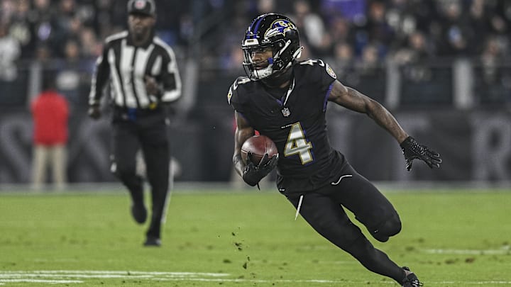 Nov 16, 2023; Baltimore, Maryland, USA;  Baltimore Ravens wide receiver Zay Flowers (4) runs after a