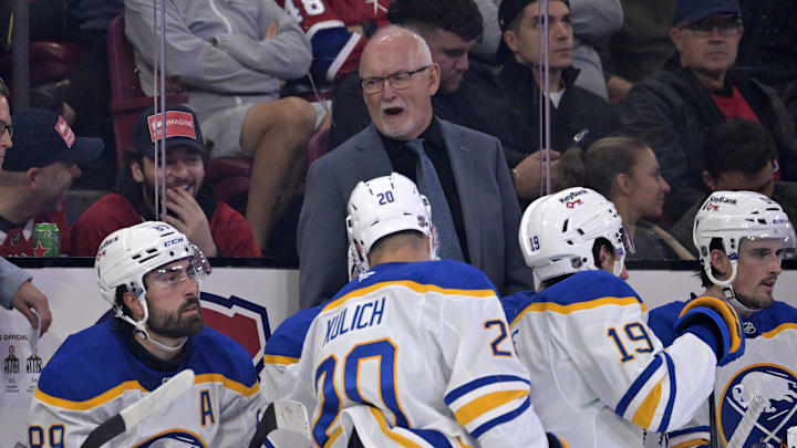 Oct 20, 2025; Montreal, Quebec, CAN; Buffalo Sabres head coach Lindy Ruff during the second period of the game against the Montreal Canadiens at the Bell Centre. Mandatory Credit: Eric Bolte-Imagn Images Oct 20, 2025; Montreal, Quebec, CAN; Buffalo Sabres head coach Lindy Ruff during the second period of the game against the Montreal Canadiens at the Bell Centre. Mandatory Credit: Eric Bolte-Imagn Images
