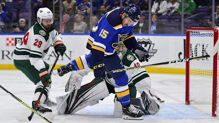 Nov 11, 2018; St. Louis, MO, USA; St. Louis Blues center Robby Fabbri (15) looks for a rebound against Minnesota Wild defenseman Greg Pateryn (29) and goaltender Devan Dubnyk (40) during the first period at Enterprise Center. Mandatory Credit: Jeff Curry-Imagn Images Nov 11, 2018; St. Louis, MO, USA; St. Louis Blues center Robby Fabbri (15) looks for a rebound against Minnesota Wild defenseman Greg Pateryn (29) and goaltender Devan Dubnyk (40) during the first period at Enterprise Center. Mandatory Credit: Jeff Curry-Imagn Images