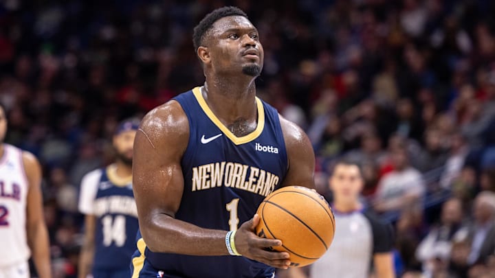 Nov 29, 2023; New Orleans, Louisiana, USA; New Orleans Pelicans forward Zion Williamson (1) shoots a technical free throw against the Philadelphia 76ers during the second half at the Smoothie King Center. Mandatory Credit: Stephen Lew-Imagn Images