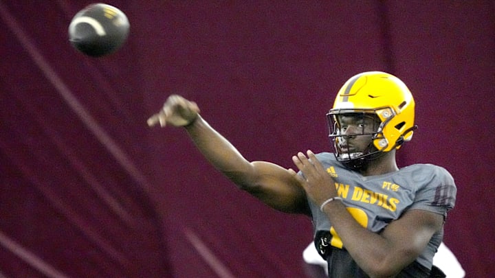 Quarterback Jeff Sims, (6) passes the ball during ASU fall camp practice on Aug. 2, 2024, at Verde Dickey Dome in Tempe. Quarterback Jeff Sims, (6) passes the ball during ASU fall camp practice on Aug. 2, 2024, at Verde Dickey Dome in Tempe.