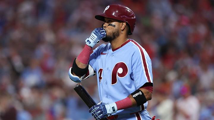 Sep 24, 2026; Philadelphia, Pennsylvania, USA; Philadelphia Phillies second baseman Luis Arraez (4) prepares to bat during the third inning against the Milwaukee Brewers at Citizens Bank Park. Mandatory Credit: Bill Streicher-Imagn Images