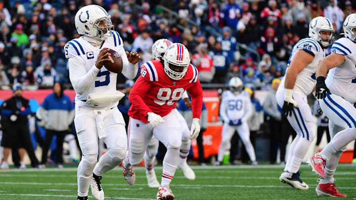 Dec 1, 2024; Foxborough, Massachusetts, USA; Indianapolis Colts quarterback Anthony Richardson (5) looks to throw the ball during the first half against the New England Patriots at Gillette Stadium. Mandatory Credit: Bob DeChiara-Imagn Images
