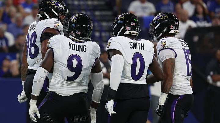 Sep 13, 2026; Indianapolis, Indiana, USA; Baltimore Ravens defensive line Travis Jones (98) and linebacker Zion Young (9) and linebacker Roquan Smith (0) and linebacker Mike Green (15) celebrate during the first quarter against the Indianapolis Colts at Lucas Oil Stadium. Mandatory Credit: Trevor Ruszkowski-Imagn Images Sep 13, 2026; Indianapolis, Indiana, USA; Baltimore Ravens defensive line Travis Jones (98) and linebacker Zion Young (9) and linebacker Roquan Smith (0) and linebacker Mike Green (15) celebrate during the first quarter against the Indianapolis Colts at Lucas Oil Stadium. Mandatory Credit: Trevor Ruszkowski-Imagn Images