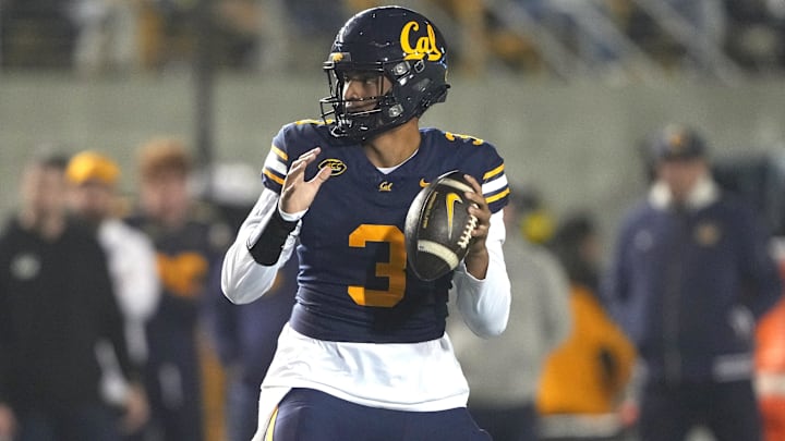 Nov 29, 2025; Berkeley, California, USA; California Golden Bears quarterback Jaron-Keawe Sagapolutele (3) drops back to pass against the Southern Methodist Mustangs during the second quarter at California Memorial Stadium. Mandatory Credit: Darren Yamashita-Imagn Images